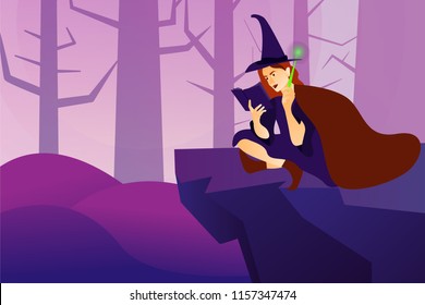 Halloween holiday greeting card. Young witch casts a spell. Vector Illustration. Trick or Treat Concept.