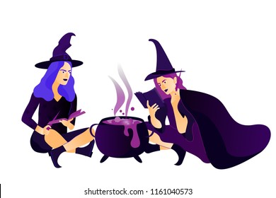 Halloween holiday greeting card. Young witches cooks a magical potion. Vector Illustration. Trick or Treat Concept.