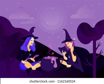 Halloween holiday greeting card. Young witches cooks a magical potion. Vector Illustration. Trick or Treat Concept.