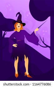 Halloween holiday greeting card. Young witch conjures in the woods. Vector Illustration. Trick or Treat Concept.