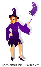 Halloween holiday greeting card. Young with magic wand and ghost.  Vector Illustration. Trick or Treat Concept.