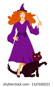 Halloween holiday greeting card. Young witch with magic wand and cat on white background.  Vector Illustration. Trick or Treat Concept.