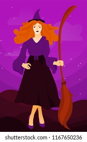 Halloween holiday greeting card. Young witch with magic wand  on a scare  abstract background.  Vector Illustration. Trick or Treat Concept.