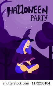 Halloween holiday greeting card. Young witch in dark wood. Vector Illustration. Trick or Treat Concept.