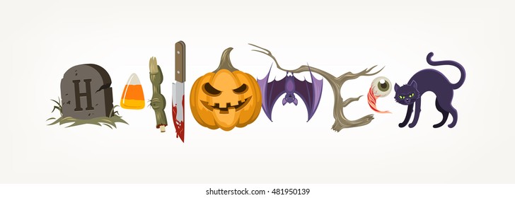 Halloween holiday greeting compiled from halloween objects or symbols. Vector illustration.