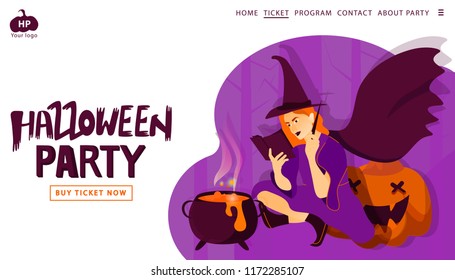 Halloween holiday greeting invitation to a party.  Witch and  pumpkin on a wood abstract Background. Landing page template. Vector illustration in modern flat style. Trick or Treat Concept.