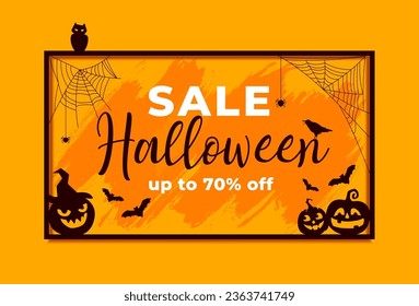 Halloween holiday grunge banner of trick or treat holiday sale. Discount special offer vector card with horror pumpkins, bats and spiders, black cat and crow silhouettes in square frame with cobweb