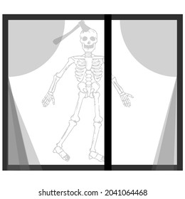 Halloween holiday. Guest at the window. Skeleton with a tapor in the head.