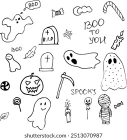 Halloween holiday hand drawn doodles sketch pumpkins, ghosts, leaves, candies, cemetery, scythe, memorials, funny ghosts black and white for decor and decorations