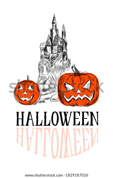 Halloween holiday hand drawn pumpkin orange and\
castle black and\
white