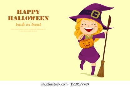 Halloween holiday. Happy cute little girl witch with a pumpkin bucket and a broom. Flat design cartoon vector illustration.