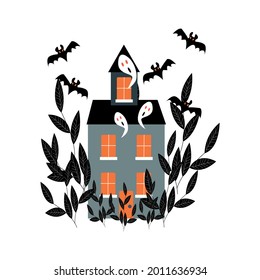 Halloween holiday. A haunted house with flying bats and black bushes. Vector illustration 