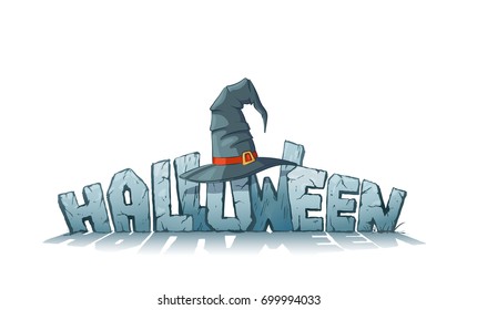 Halloween Holiday Header With Witch Hat On White Background. Funny Tombstone Cartoon Style