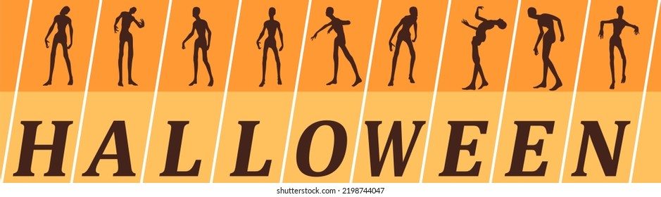 Halloween holiday horizontal banner. Zombie silhouettes with Halloween word. Sliced collage