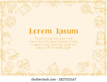 Halloween holiday - horizontal card with text and vector outline illustrations of pumpkin, ghost, bat, spider, skull, cat and others for graphic design