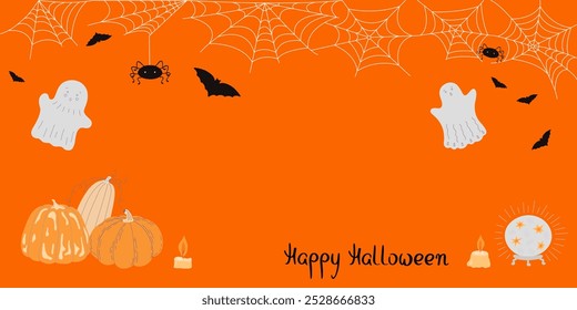 Dia das Bruxas cena horizontal feriado com mão desenhado aranha, teia de aranha, abóbora, morcego, fantasmas, banner, cabeçalho festivo para o site, anúncio de venda, cartaz, decoração de festa de férias de outono, conceito de história de horror