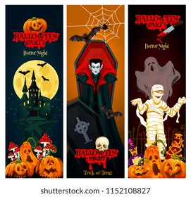 Halloween holiday horror night party banner. Spooky ghost, bat and pumpkin, haunted house, Dracula vampire with coffin and mummy, spider net and moon for Halloween celebration invitation flyer design