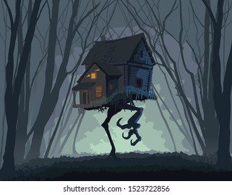 Halloween holiday. Hut on chicken legs on a dark forest background.