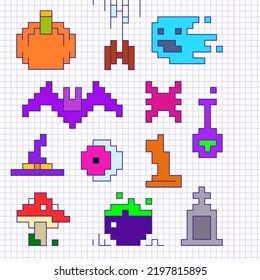Halloween holiday icons. Linear drawing by cells in a notebook with a pen in color. Vector illustration.