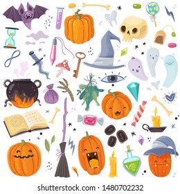 Halloween holiday icons set. Cartoon style. Hand-drawn big collection all items are isolated. Vector illustration