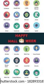 Halloween Holiday Icons Set, Collection of Allhalloween Symbol on white background, Holiday Celebrations and New Normal Halloween costumes Sign,  Cartoon wearing coronavirus prevention surgical Mask 