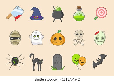 Halloween holiday Icons set - Vector color symbols of pumpkin, ghost, bat, spider, skull, cat and others for the site or interface