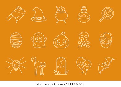 Halloween holiday Icons set - Vector outline symbols of pumpkin, ghost, bat, spider, skull, cat and others for the site or interface