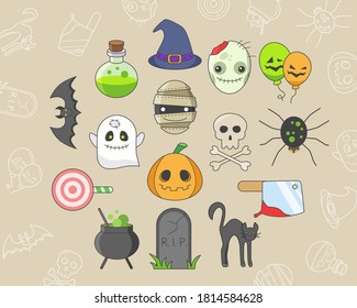 Halloween holiday Icons set - Vector color symbols and outline of pumpkin, ghost, bat, spider, skull, cat and others for the site or interface