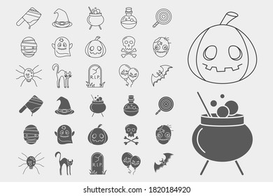 Halloween holiday Icons set - Vector outline symbols and silhouettes of pumpkin, ghost, bat, spider, skull, cat and others for the site or interface