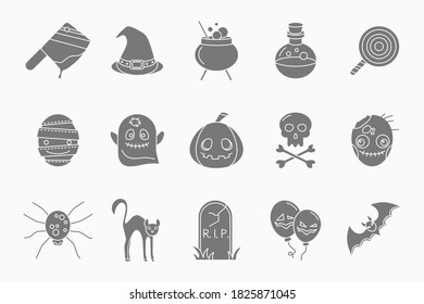 Halloween holiday Icons set - Vector silhouettes of pumpkin, ghost, bat, spider, skull, cat and others for the site or interface