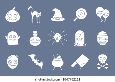 Halloween holiday Icons set - Vector silhouettes of pumpkin, ghost, bat, spider, skull, cat and others for the site or interface