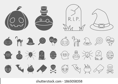 Halloween holiday Icons set - Vector outline symbols and silhouettes of pumpkin, ghost, bat, spider, skull, cat and others for the site or interface