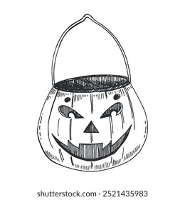 Halloween, holiday illustration. Pumpkins with cut out scary face, basket for sweets with pumpkin-shaped handle, hand drawn with black liner. For printing on cards, invitations, posters.