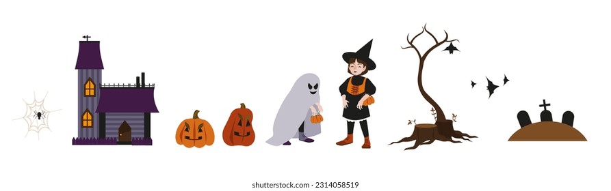 Halloween holiday isolated characters and objects set. Girl witch, kid with ghost mantle, pumpkins, tree with stumps, graves, spider on a web, house. Collection of vector illustrations.