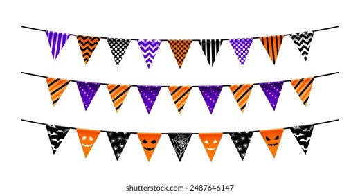 Banderas de colgante de guirnalda aislada de vacaciones de Halloween. Anuncios triangulares con adornos festivos. Banderas aisladas de Vector negro, púrpura y naranja con arañas, caras de calabaza y murciélagos, puntos y rayas