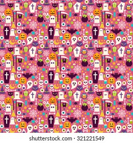 Halloween Holiday Items Seamless Pattern. Flat Design Vector Seamless Texture Background. Halloween Party Template. Trick or Treat