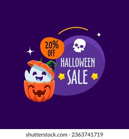 Halloween holiday kawaii ghost character peek out from pumpkin and skull on amoeba blob. Promotional sale badge, tag or banner for seasonal discount event with funny, playful, friendly peeking spook