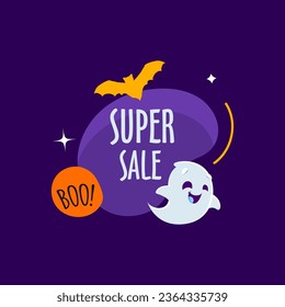 Halloween holiday kawaii ghost character and bat on amoeba blob. Vector super sale banner with seasonal discount offer. Save big on eerie delights. Dont miss out, shop now for a hauntingly good time