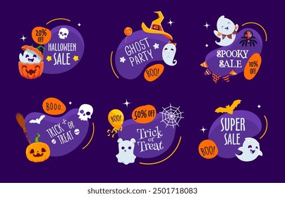 Halloween holiday kawaii ghosts characters on amoeba blobs. Isolated cartoon vector spooky promo sale badges, tags or banners for seasonal discount, festive clearance event and trick or trick party