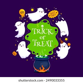 Halloween holiday kawaii ghosts with potion cauldron. Vector banner with cute cartoon spirits conjure magic by a bubbling pot. Apparitions swirl around the mystic brew, creating an enchanting sorcery