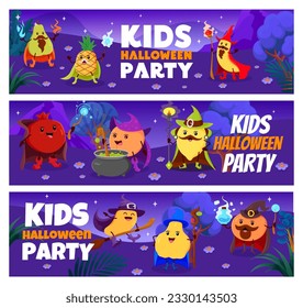 Halloween holiday kids party. Cartoon fruit wizards and mages at night forest. Vector horizontal banners with pear, pineapple, banana and garnet. Peach, lemon, mango, quince and orange funny sorcerers