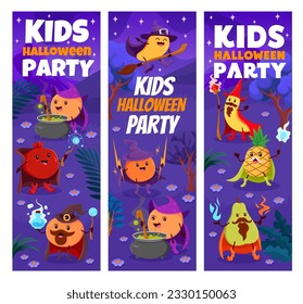 Halloween holiday kids party. Cartoon fruit wizards and mages at night forest. Vector vertical banners with peach, garnet, orange and mango. Banana, pineapple and pear warlocks wearing wiz attire