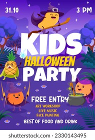 Halloween holiday kids party flyer. Cartoon fruit wizards and mages on night party. Vector invitation poster with cute mango on broom, peach with pot, pineapple and orange casting spell at coven