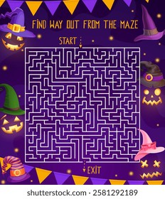 Halloween holiday labyrinth maze kids game with pumpkin lanterns, ghosts and witch or wizard hats. Vector puzzle with spooky characters in magician headwear. Children task find way out of the maze