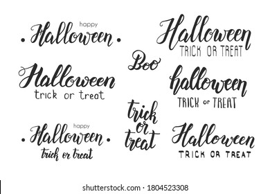 Juego de letras de las fiestas de Halloween. Calligrafía de pincel hecha a mano. Feliz Halloween. Truco o trato. Texto de Halloween para banner, volante, folleto, tarjeta de saludo, invitación a fiesta. 