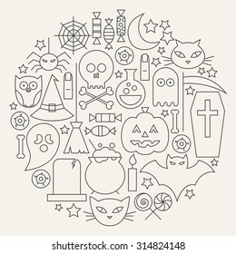 Halloween Holiday Line Icons Set Circular Shaped. Vector Illustration of Scary Autumn Sweets and Treats Objects. Graph and Infographics. October Holiday Items.