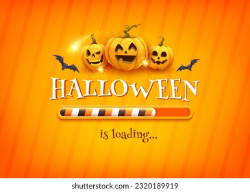 Halloween holiday loading bar with cartoon pumpkins. Halloween celebration vector banner, backdrop or striped background with Jack o lantern smiling faces, flying bats and candy cane loading bar