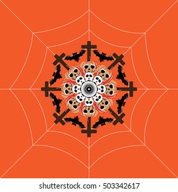 Halloween Holiday Mandala Illustration. Contain: pumpkin, bat, skull, spider,eye,cross web.