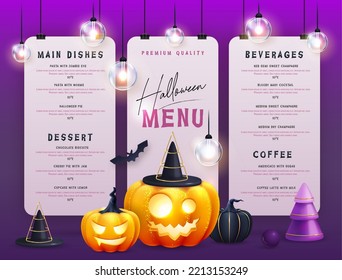 Halloween holiday menu design with realistic 3D halloween pumpkins. Vector illustration