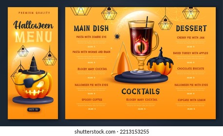 Halloween holiday menu design with realistic 3D halloween pumpkins and cocktail. Vector illustration